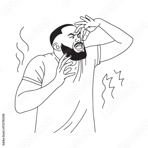 Man reacts to a bad smell covering his nose and face.