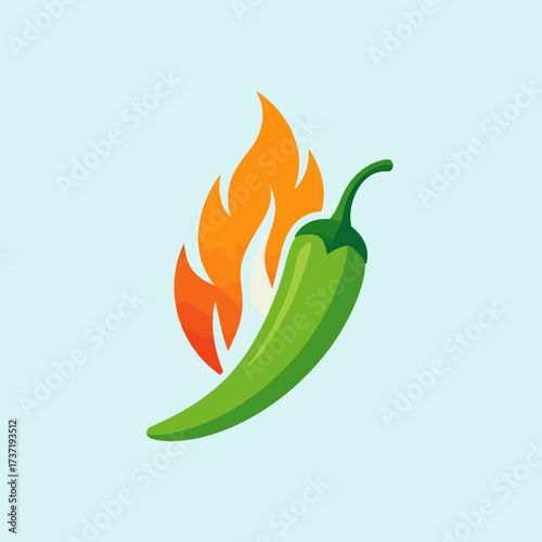 Vibrant green chili pepper with fiery flames, symbolizing intense heat and bold flavor for culinary themes, cooking blogs, and spicy food concepts like Mexican or Asian cuisine