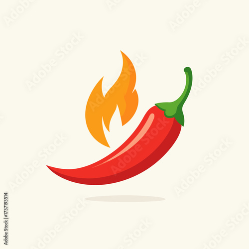Vector illustration of a hot red chili pepper with a flame, symbolizing spiciness and hot food. Flat design icon for spicy cuisine