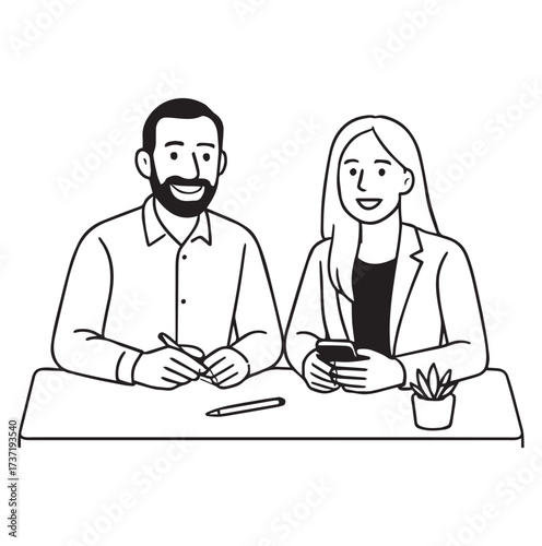 Hand drawn illustration of two business colleagues sitting at a desk.