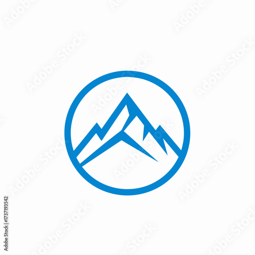 Minimalist Mountain Peak Icon in Blue Circular Frame Outdoor Adventures and Nature's Beauty