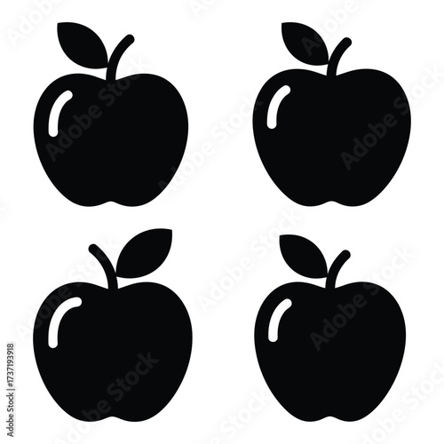 Four black apple icons set simple silhouette fruit graphics for healthy eating and education silhouette