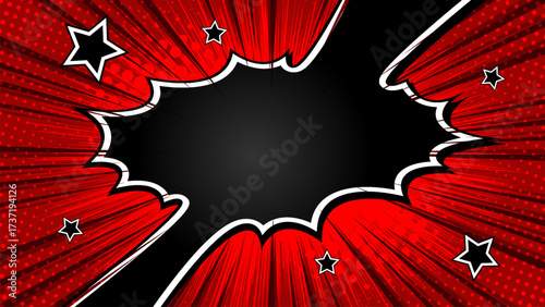 Pop art red black comics book cartoon magazine cover. Cartoon funny retro pattern star mock up. halftone illustration. Vintage backdrop for comic superhero text, speech bubble, message.