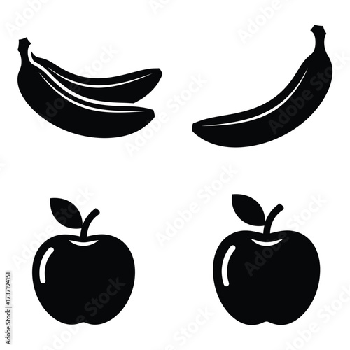 Icon set black silhouettes delicious bananas and fresh apples for healthy eating and fruit graphics silhouette