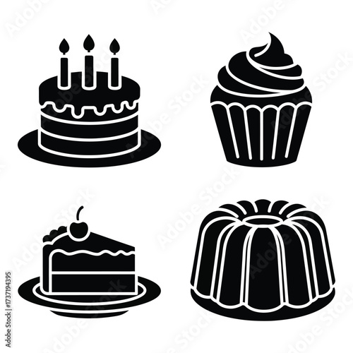 Set of four delicious dessert icons celebration cake cupcake slice and bundt cake graphics silhouette