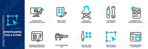 Wireframing Tools Blue Colored Outline Icon Set