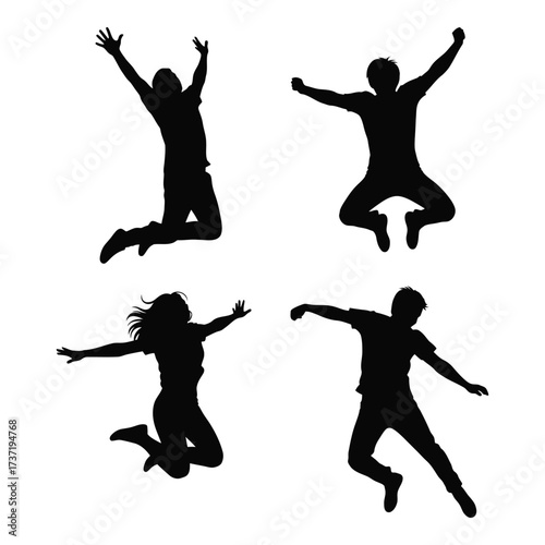 Four silhouettes of people joyfully jumping in the air capturing freedom and celebration silhouette