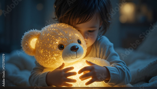 A childs face is nestled against a brightly glowing teddy bear, their eyes closed in peaceful slumber, surrounded by a soft, warm light