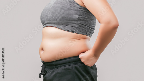 Side view of woman holding waistline with excess belly fat
