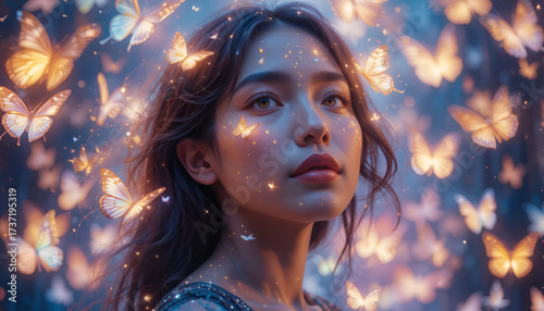 A young woman gazes upwards, surrounded by a magical swarm of luminous butterflies, their wings casting a soft, ethereal glow