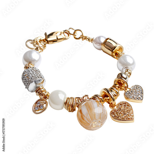 Gold-toned bracelet with pearls, crystals, and charms