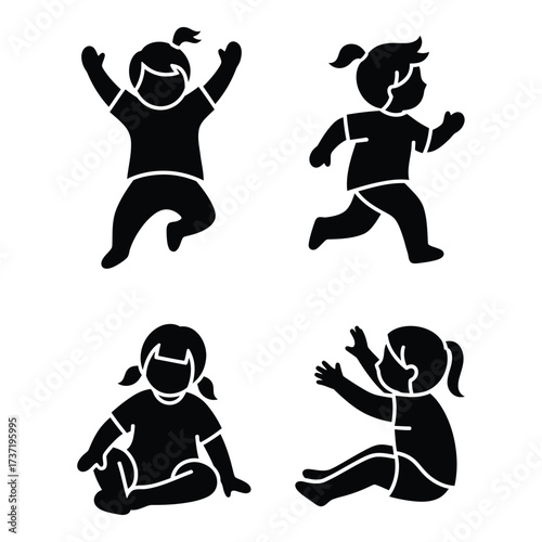 Four silhouette children poses dynamic actions childhood playful movement joyful activity kids activities sports lifestyle fun silhouette