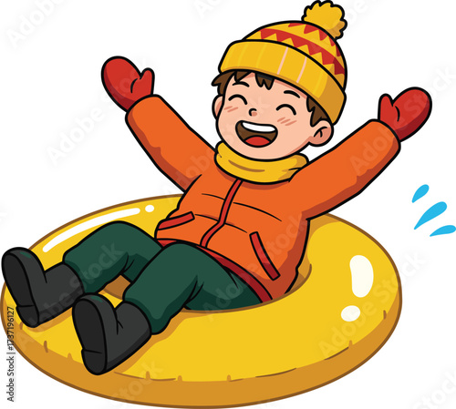 Happy cartoon boy in winter clothes snow tubing, child illustration with hat, scarf, gloves, outdoor fun activity, snow play design