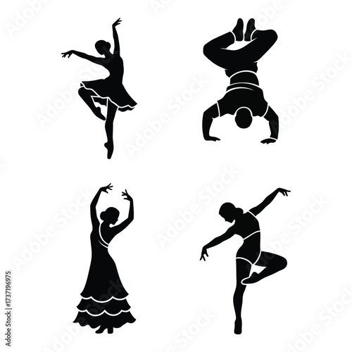 Silhouettes of diverse dancers performing dynamic poses capturing movement and grace silhouette