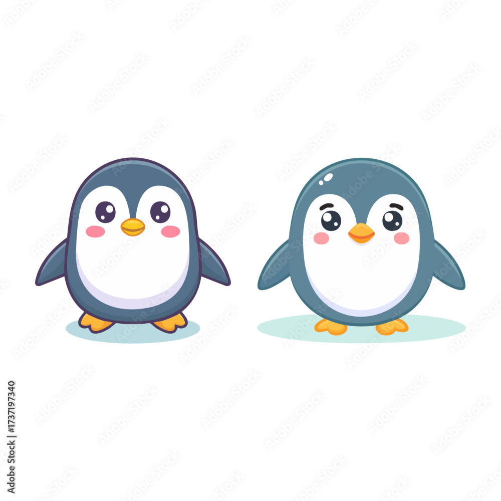 Naklejka premium Two cartoon penguins stand side-by-side, depicted with large eyes, rosy cheeks, and small orange beaks, against a white background.