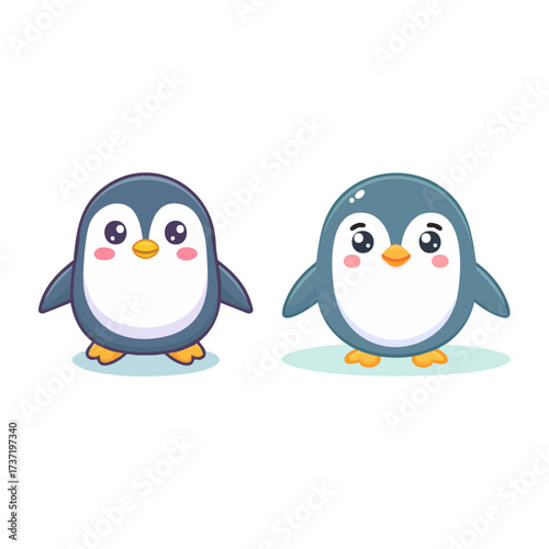 Two cartoon penguins stand side-by-side, depicted with large eyes, rosy cheeks, and small orange beaks, against a white background.