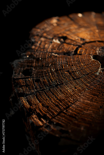 A cinematic photo features ultra-realistic oud wood on a black background, with high-contrast photography accentuating its intricate grain patterns and textures. Warm golden light enhances its natural