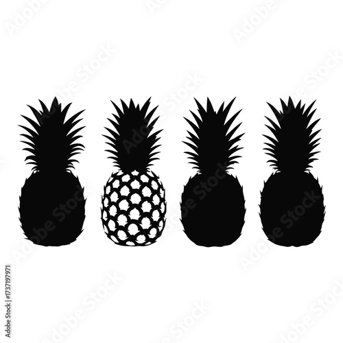 Silhouette of four pineapples with one detailed textured fruit showing natural pattern silhouette