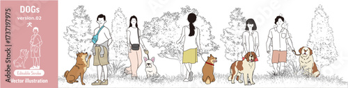 公園で犬と散歩する人々のセット、様々な犬種と飼い主のシンプルな線画イラスト,ペットとの日常風景のシーン(編集可能/ベクターイラスト)