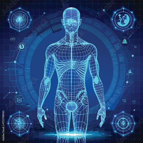 Futuristic Diagnostic Scan of Human Anatomy and Medical Interface