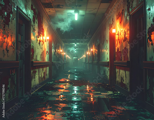 Haunted Abandoned Hospital with Ghostly Figures Halloween Scene