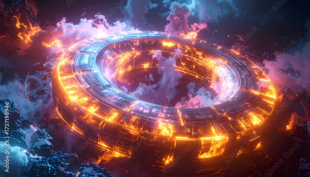 Obraz premium Abstract Glowing Ring with Fire and Smoke in Dark Space.