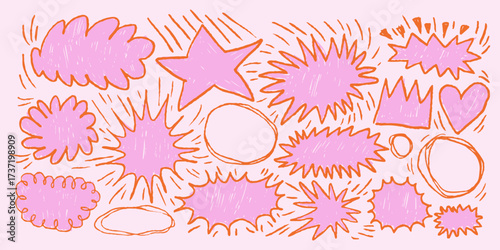 Girly pink speech bubbles, stars, hearts, crowns, frames in girly sketch style. Angular starburst forms, highlight shapes for notes. Kids drawing chalkboard doodles.