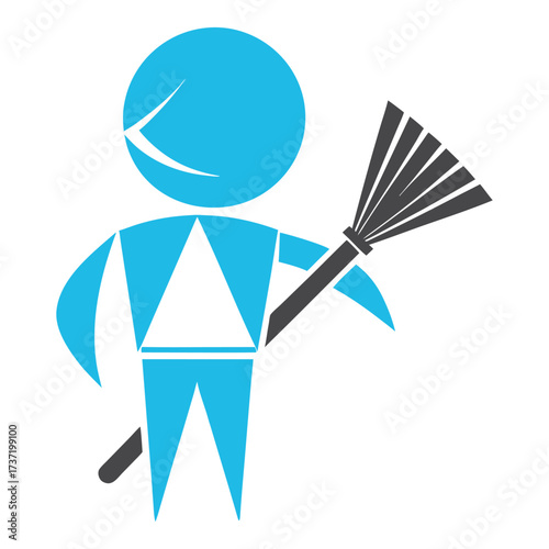 Stylized blue and gray figure holding a broomstick abstract character