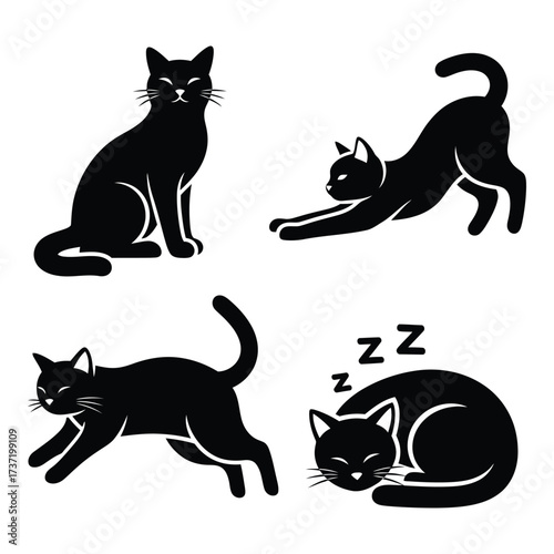 Four black cat silhouettes in various poses enjoying playful and relaxing moments silhouette