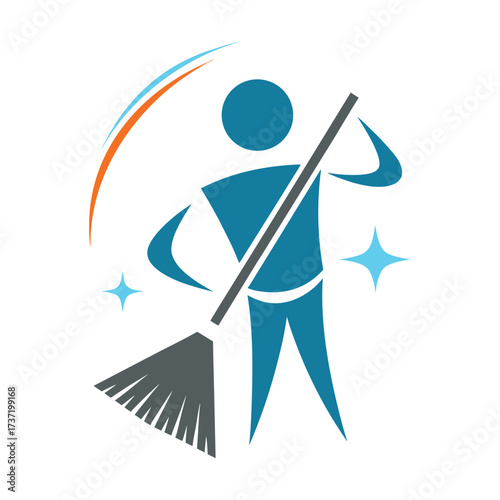 Stylized blue figure with broom and orange blue swoosh cleaning person