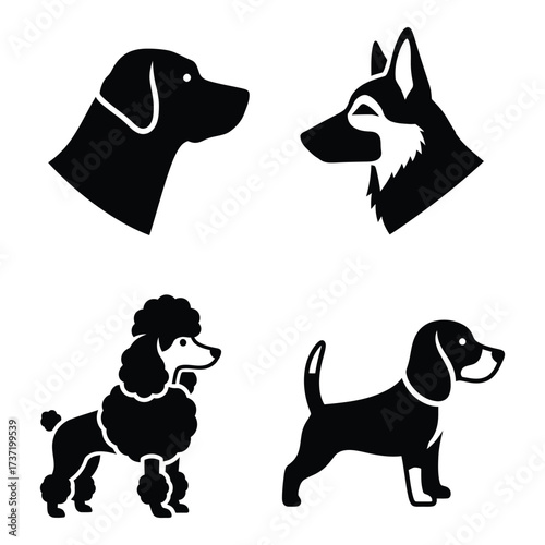 Diverse dog breeds silhouette collection featuring poodle beagle german shepherd labrador profiles silhouette