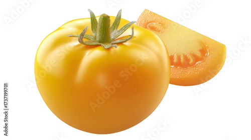 Vibrant yellow tomato with a juicy slice, perfect for fresh recipes