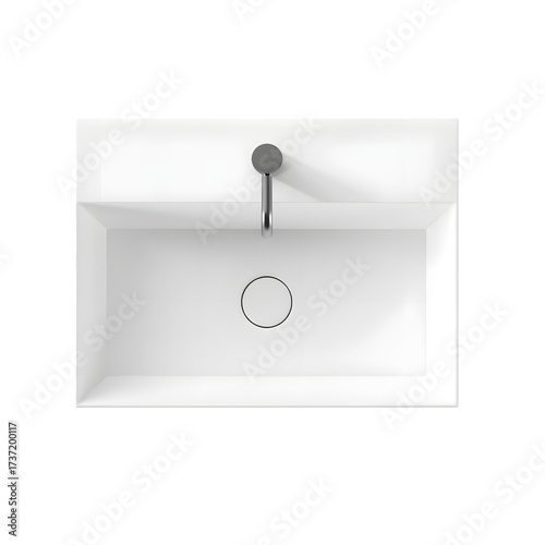 Sleek modern white basin with chrome faucet and drain, top view for design inspiration