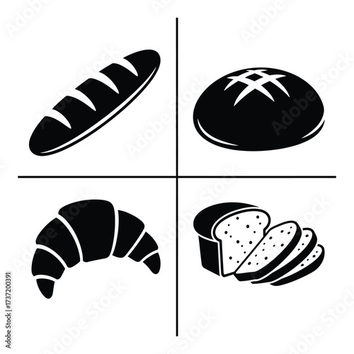 Assorted baked goods four pane icons freshly baked bread pastries bakery collection delicious food icons silhouette