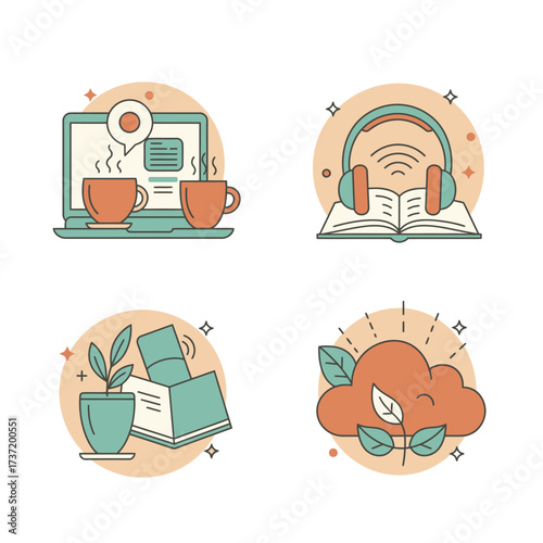 Modern line art icons illustrating contemporary lifestyle themes: remote work, digital education, personal growth, and environmental well-being.