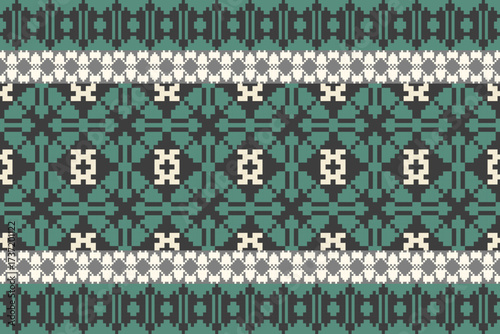 Brown-Green Tone Traditional Embroidery Art Abstract with Pixel Art Designs for Textile Print