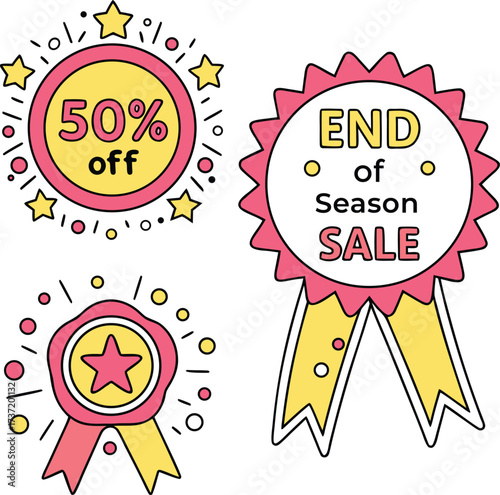 A vector set of gold guarantee labels, seals, and badges for best quality satisfaction with a ribbon design