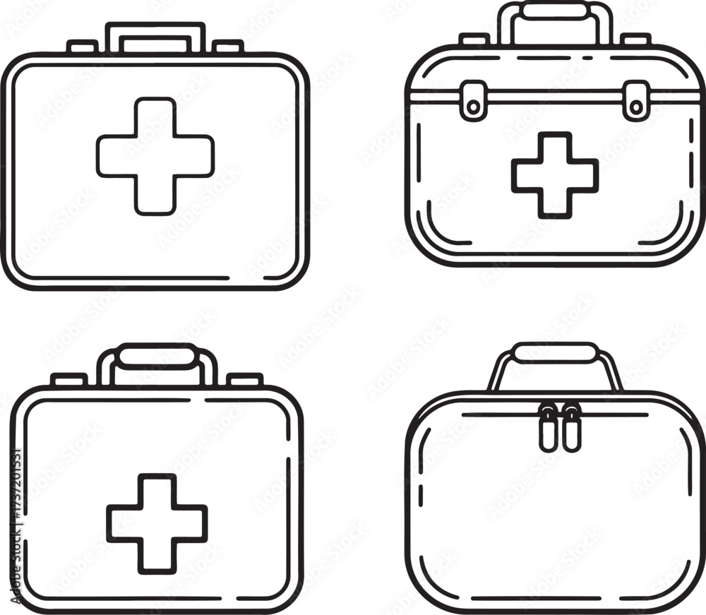 Obraz premium Set of First Aid Kit Outline vector illustration isolated On Transparent Background