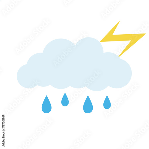 2d illustration of rain cloud with lightning bolt, symbolizing storm, bad weather, thunder, and climate warning, isolated on white background.