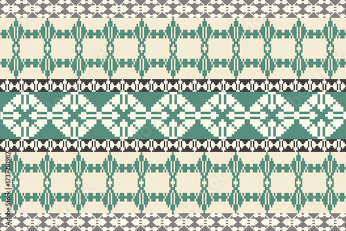 Brown-Green Tone Traditional Embroidery Art Abstract with Pixel Art Designs for Textile Print