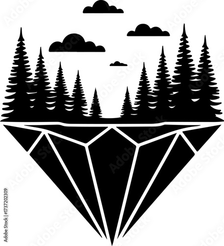 A striking black silhouette vector illustration of a pine forest landscape emerging from a faceted diamond