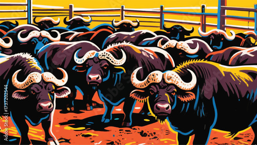 Herd of Buffaloes in Captivity Illustrator Artwork Banner Background Design Template 