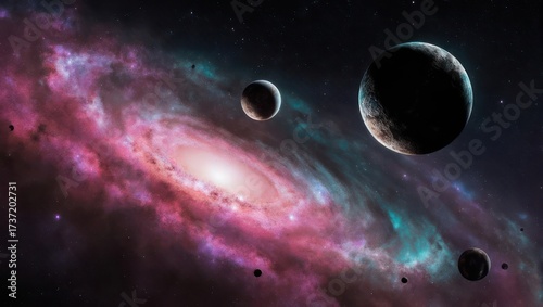 Colorful galaxy with planets