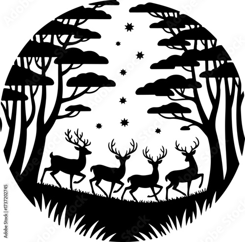 Enchanting nocturnal forest silhouette with graceful deer under sparkling stars, perfect for nature-inspired designs and magical woodland themes