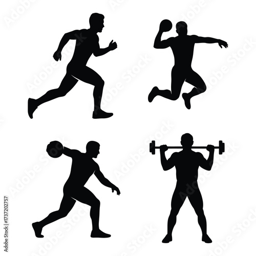 Dynamic silhouette set of athletes engaged in running throwing and weightlifting for sports and fitness concepts silhouette