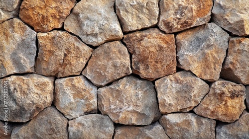 Close-up view of a stone wall, composed of irregular, rough-hewn stones in varying shades of brown and tan