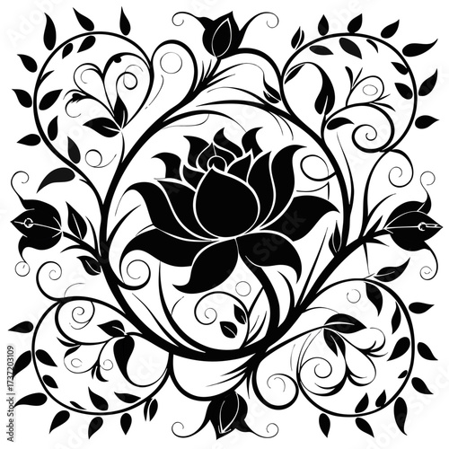 Delicate swirling vines and layered petals forming a seamless border tile, where Vector silhouette illustration black nestles within the Monochrome abstract floral pattern black on white background.