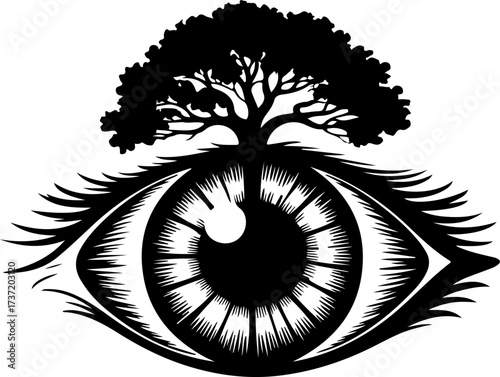 Surreal vector illustration of an eye with a tree growing from the eyelid, symbolizing vision and nature