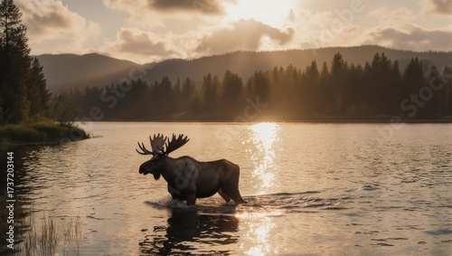 Majestic moose at sunset over a tranquil lake