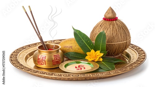 A traditional indian pooja thali with a coconut, mango leaves, incense sticks, and a swastika symbol, symbolizing auspiciousness and religious rituals, isolated on white background